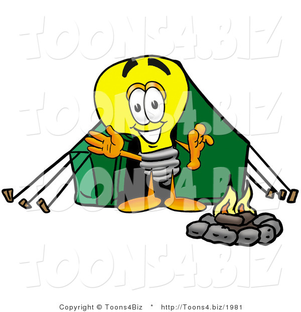 Illustration of a Cartoon Light Bulb Mascot Camping with a Tent and Fire