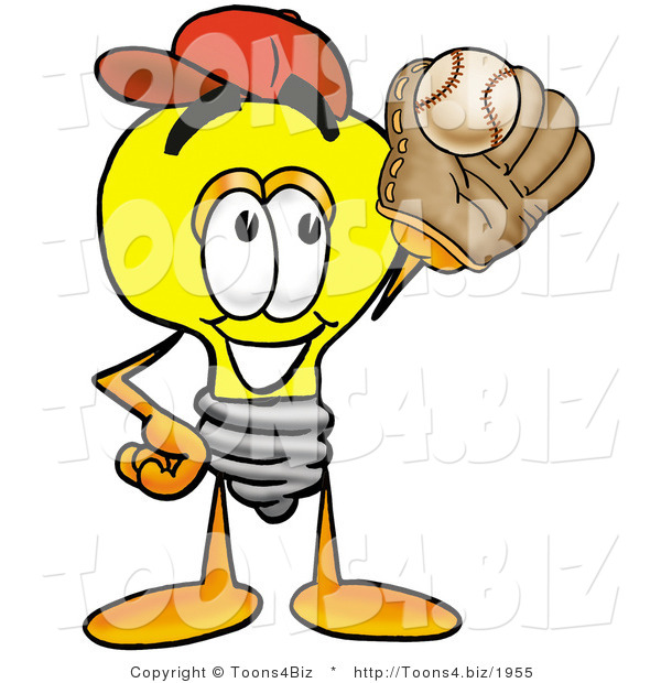 Illustration of a Cartoon Light Bulb Mascot Catching a Baseball with a Glove