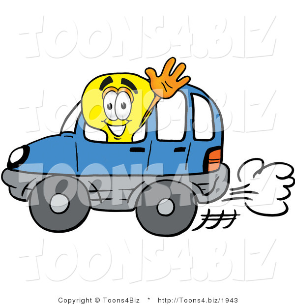 Illustration of a Cartoon Light Bulb Mascot Driving a Blue Car and Waving