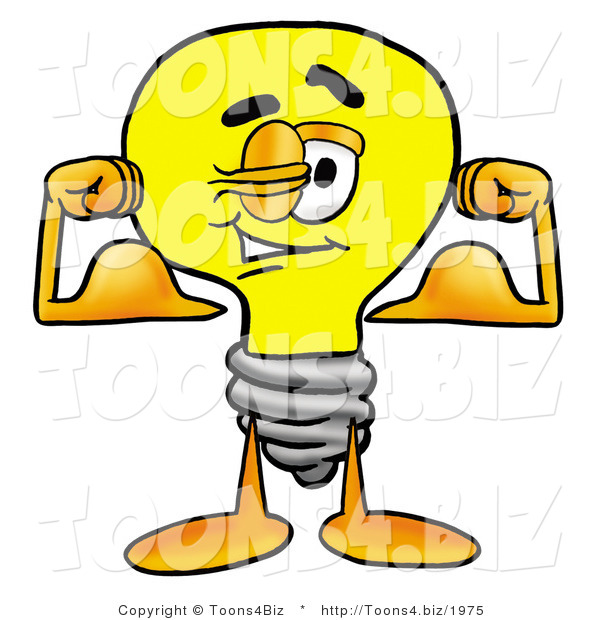 Illustration of a Cartoon Light Bulb Mascot Flexing His Arm Muscles