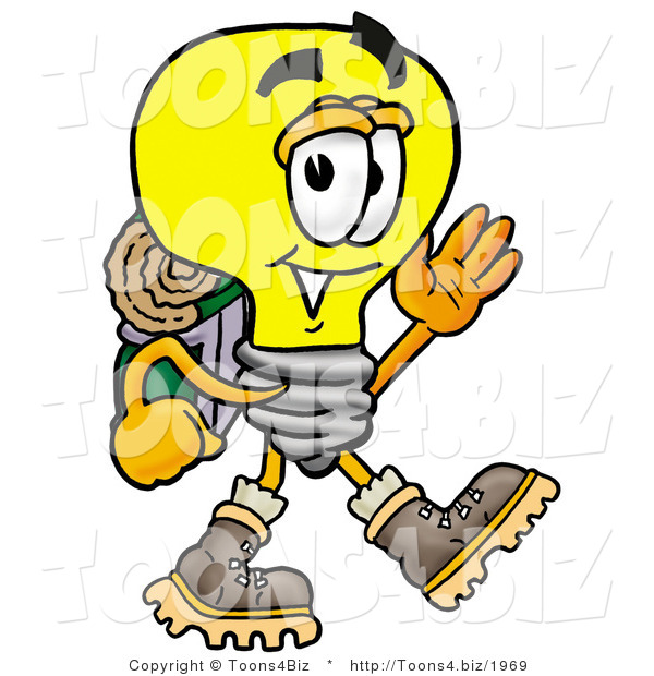 Illustration of a Cartoon Light Bulb Mascot Hiking and Carrying a Backpack