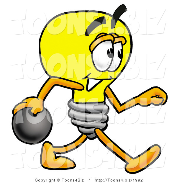 Illustration of a Cartoon Light Bulb Mascot Holding a Bowling Ball