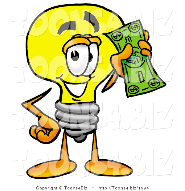 Illustration of a Cartoon Light Bulb Mascot Holding a Dollar Bill