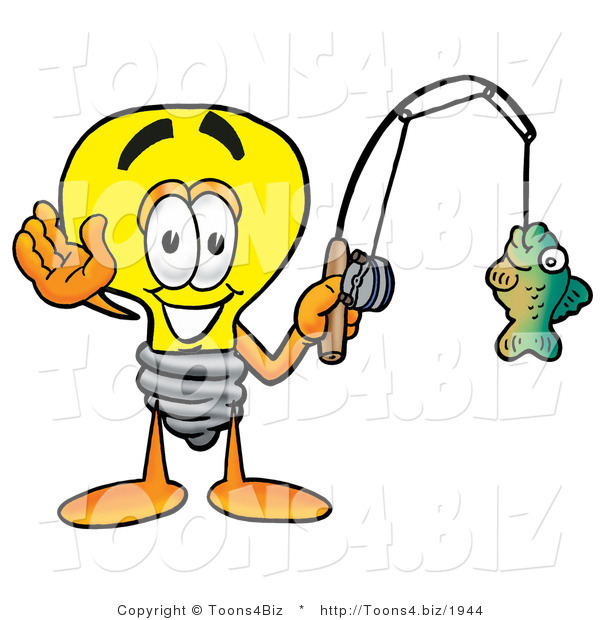 Illustration of a Cartoon Light Bulb Mascot Holding a Fish on a Fishing Pole