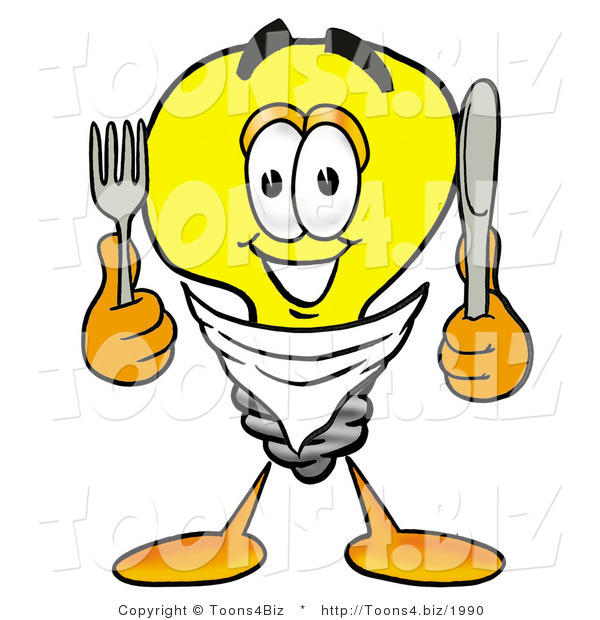 Illustration of a Cartoon Light Bulb Mascot Holding a Knife and Fork