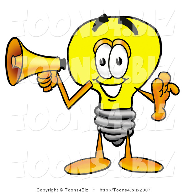 Illustration of a Cartoon Light Bulb Mascot Holding a Megaphone