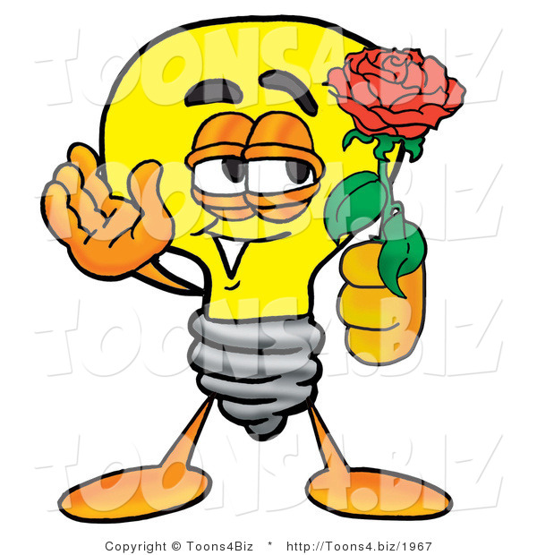 Illustration of a Cartoon Light Bulb Mascot Holding a Red Rose on Valentines Day