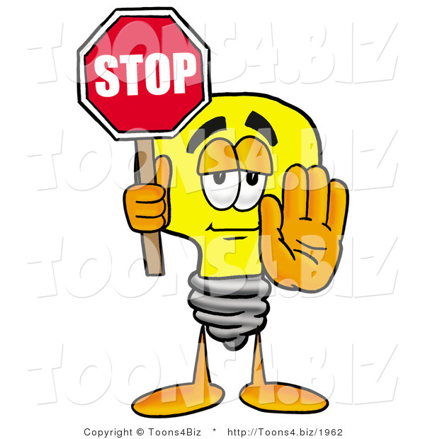 Illustration of a Cartoon Light Bulb Mascot Holding a Stop Sign