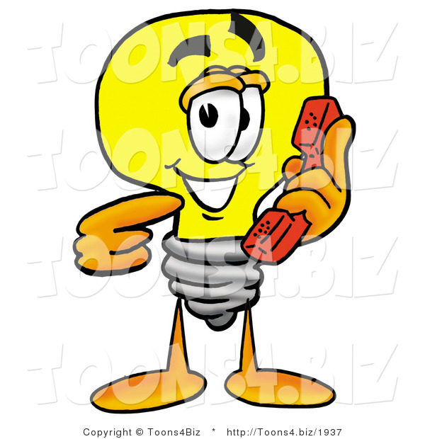 Illustration of a Cartoon Light Bulb Mascot Holding a Telephone