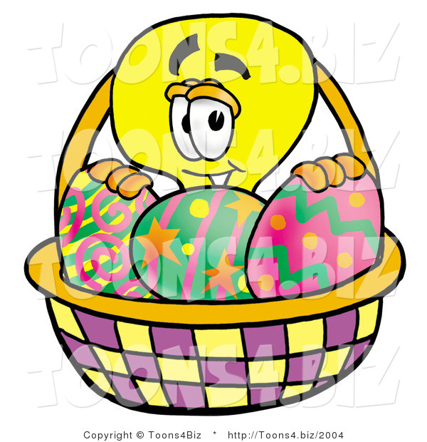 Illustration of a Cartoon Light Bulb Mascot in an Easter Basket Full of Decorated Easter Eggs