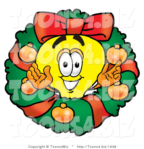 Illustration of a Cartoon Light Bulb Mascot in the Center of a Christmas Wreath