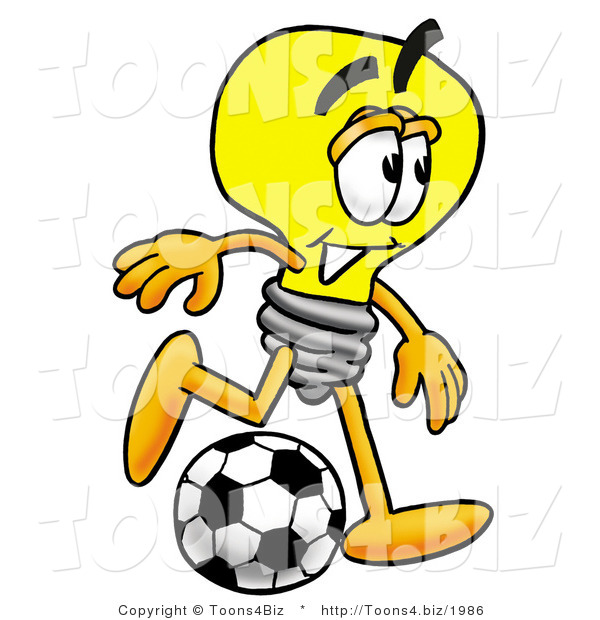 Illustration of a Cartoon Light Bulb Mascot Kicking a Soccer Ball