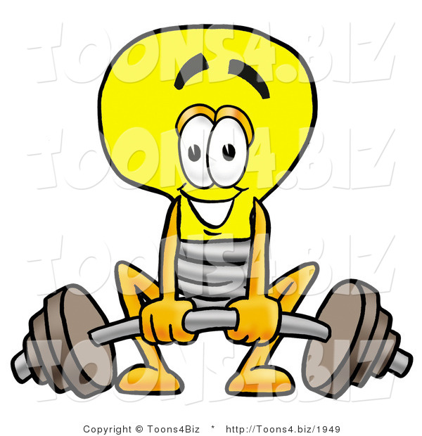 Illustration of a Cartoon Light Bulb Mascot Lifting a Heavy Barbell