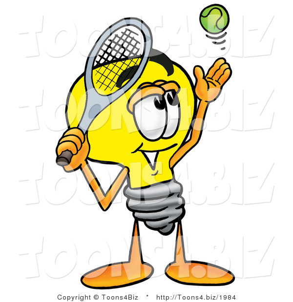 Illustration of a Cartoon Light Bulb Mascot Preparing to Hit a Tennis Ball