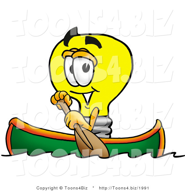 Illustration of a Cartoon Light Bulb Mascot Rowing a Boat