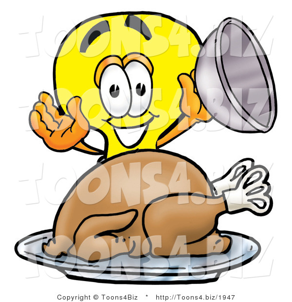 Illustration of a Cartoon Light Bulb Mascot Serving a Thanksgiving Turkey on a Platter