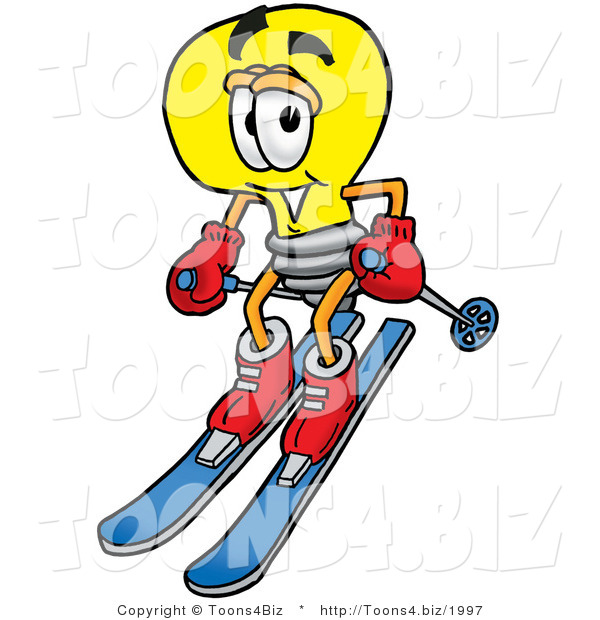 Illustration of a Cartoon Light Bulb Mascot Skiing Downhill