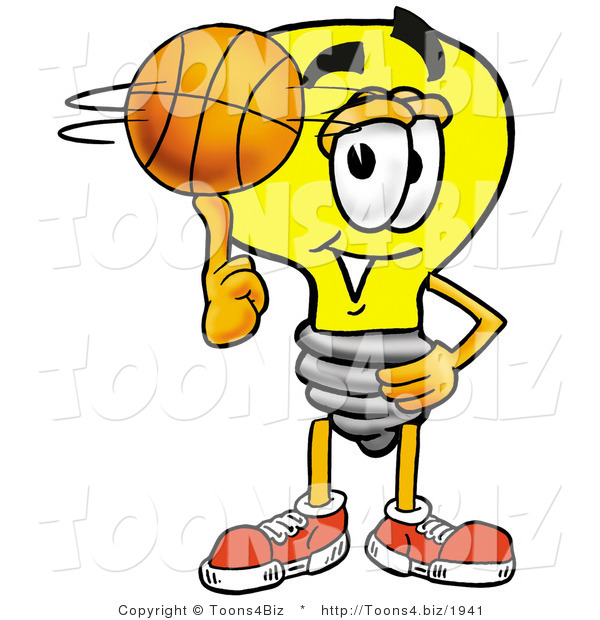 Illustration of a Cartoon Light Bulb Mascot Spinning a Basketball on His Finger