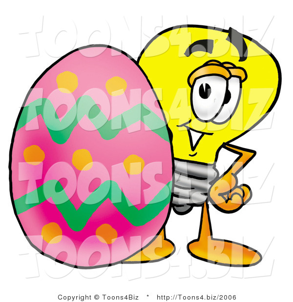 Illustration of a Cartoon Light Bulb Mascot Standing Beside an Easter Egg