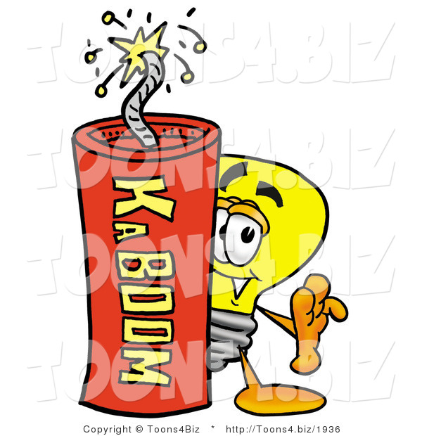 Illustration of a Cartoon Light Bulb Mascot Standing with a Lit Stick of Dynamite