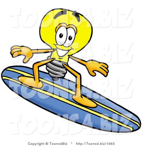 Illustration of a Cartoon Light Bulb Mascot Surfing on a Blue and Yellow Surfboard