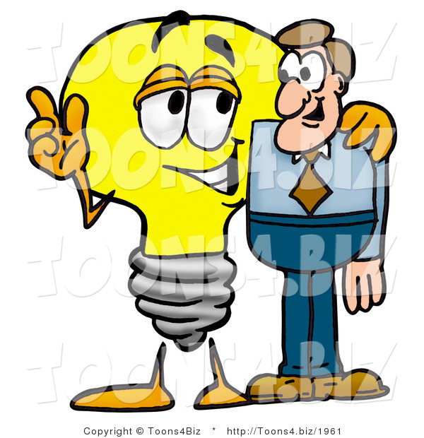 Illustration of a Cartoon Light Bulb Mascot Talking to a Business Man