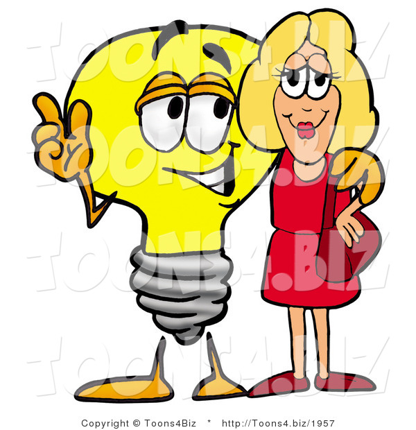Illustration of a Cartoon Light Bulb Mascot Talking to a Pretty Blond Woman