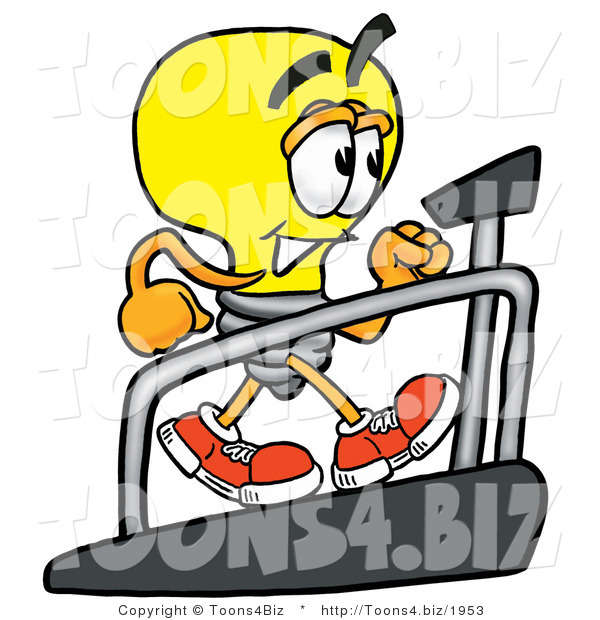 Illustration of a Cartoon Light Bulb Mascot Walking on a Treadmill in a Fitness Gym