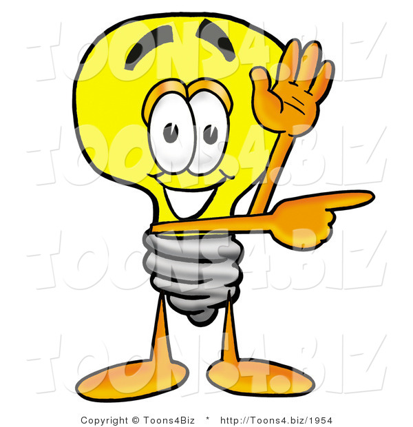 Illustration of a Cartoon Light Bulb Mascot Waving and Pointing