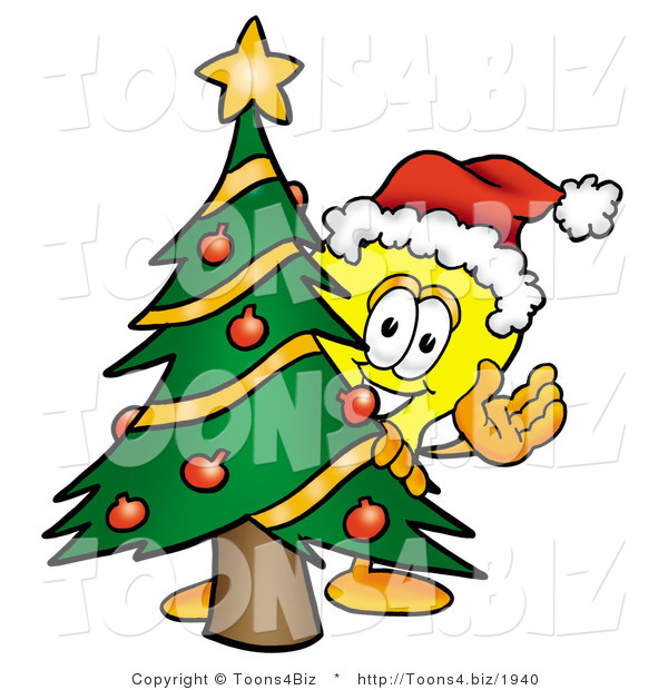 Illustration of a Cartoon Light Bulb Mascot Waving and Standing by a Decorated Christmas Tree