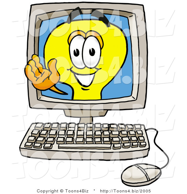 Illustration of a Cartoon Light Bulb Mascot Waving from Inside a Computer Screen