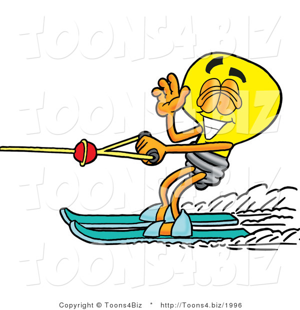 Illustration of a Cartoon Light Bulb Mascot Waving While Water Skiing