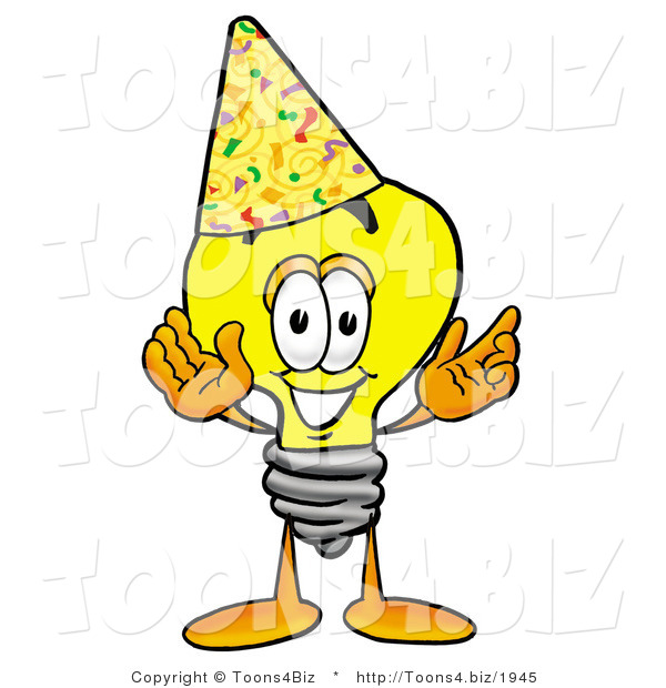 Illustration of a Cartoon Light Bulb Mascot Wearing a Birthday Party Hat