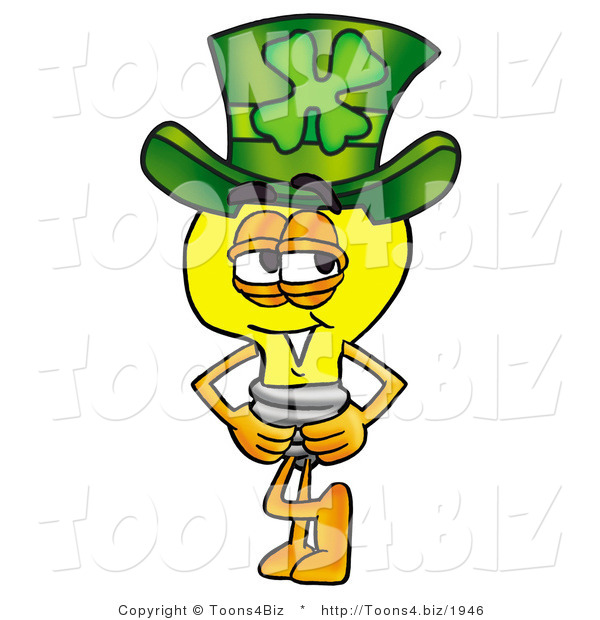 Illustration of a Cartoon Light Bulb Mascot Wearing a Saint Patricks Day Hat with a Clover on It