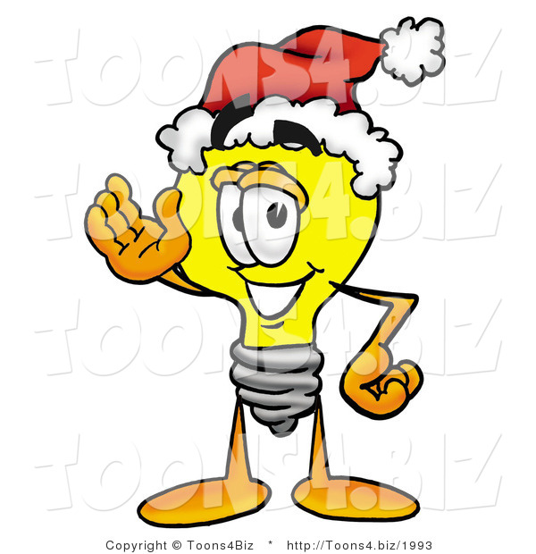 Illustration of a Cartoon Light Bulb Mascot Wearing a Santa Hat and Waving