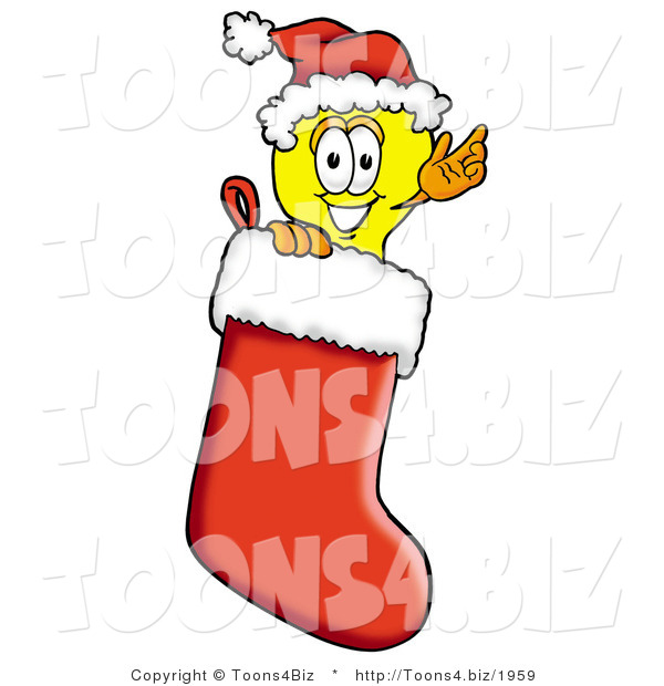 Illustration of a Cartoon Light Bulb Mascot Wearing a Santa Hat Inside a Red Christmas Stocking