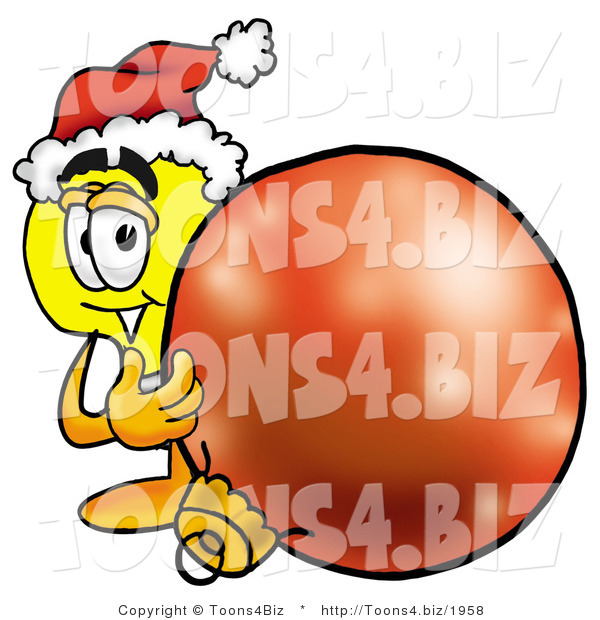 Illustration of a Cartoon Light Bulb Mascot Wearing a Santa Hat, Standing with a Christmas Bauble