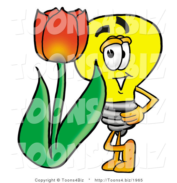 Illustration of a Cartoon Light Bulb Mascot with a Red Tulip Flower in the Spring
