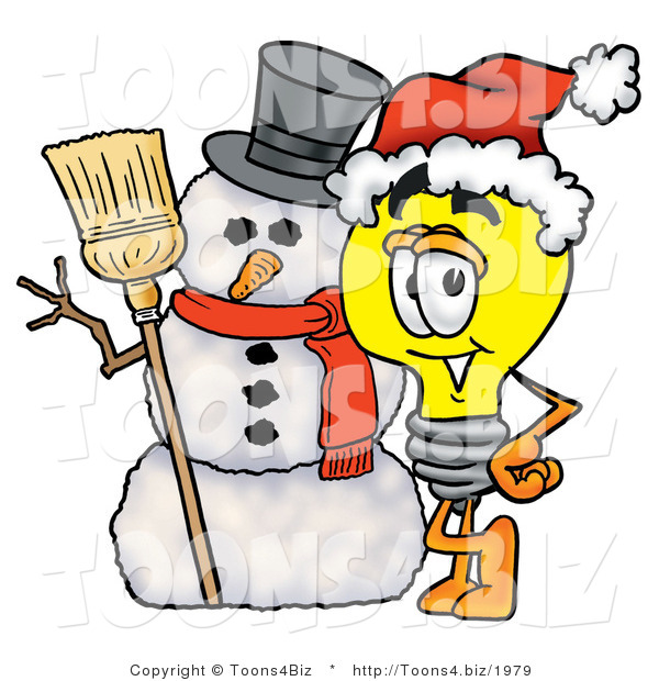 Illustration of a Cartoon Light Bulb Mascot with a Snowman on Christmas