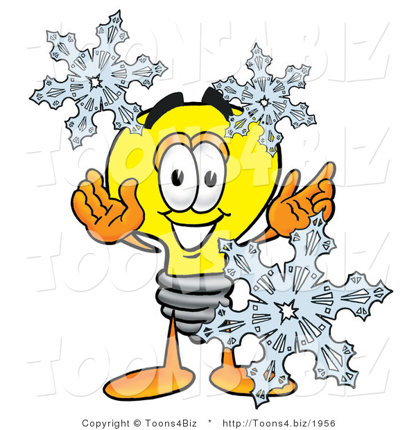 Illustration of a Cartoon Light Bulb Mascot with Three Snowflakes in Winter