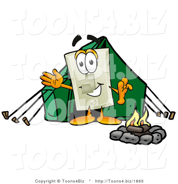 Illustration of a Cartoon Light Switch Mascot Camping with a Tent and Fire