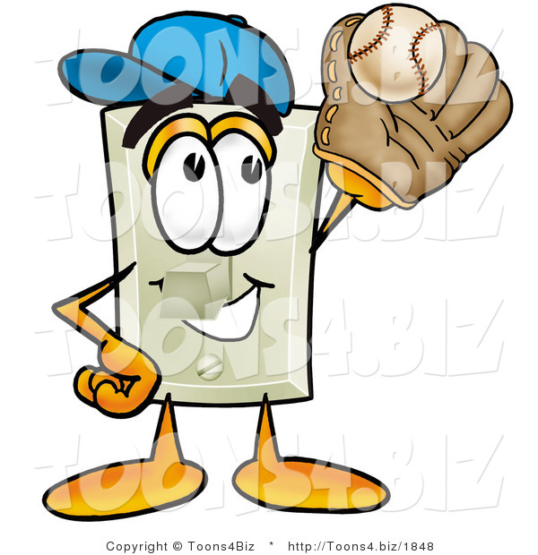 Illustration of a Cartoon Light Switch Mascot Catching a Baseball with a Glove