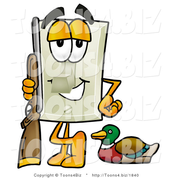 Illustration of a Cartoon Light Switch Mascot Duck Hunting, Standing with a Rifle and Duck