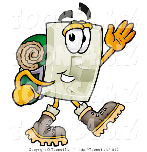 Illustration of a Cartoon Light Switch Mascot Hiking and Carrying a Backpack
