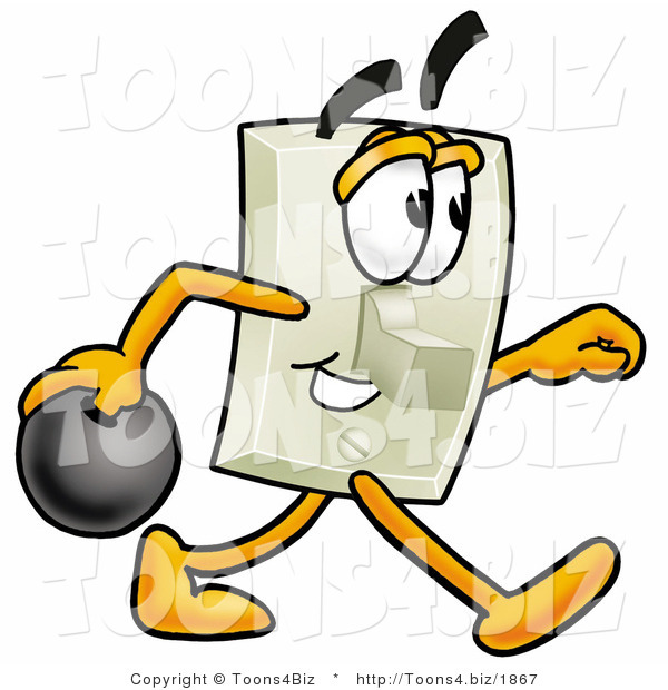 Illustration of a Cartoon Light Switch Mascot Holding a Bowling Ball