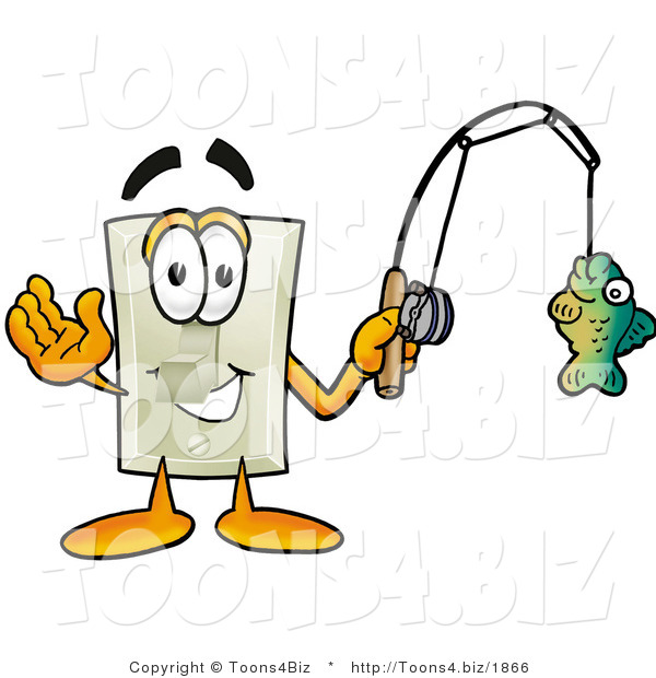 Illustration of a Cartoon Light Switch Mascot Holding a Fish on a Fishing Pole