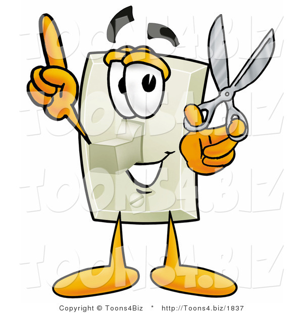 Illustration of a Cartoon Light Switch Mascot Holding a Pair of Scissors