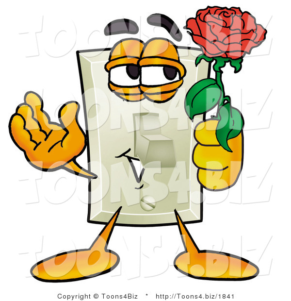 Illustration of a Cartoon Light Switch Mascot Holding a Red Rose on Valentines Day