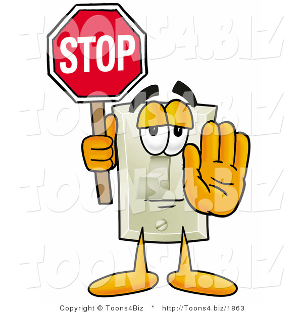 Illustration of a Cartoon Light Switch Mascot Holding a Stop Sign