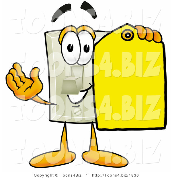 Illustration of a Cartoon Light Switch Mascot Holding a Yellow Sales Price Tag